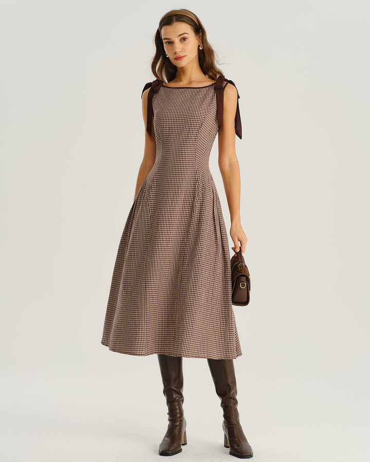 Brown Plaid Boat Neck A-Line Midi Dress