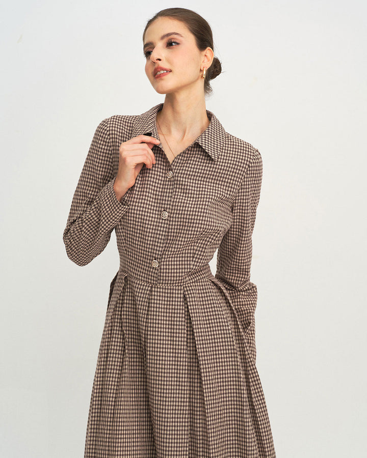 Brown Plaid A-Line Midi Dress