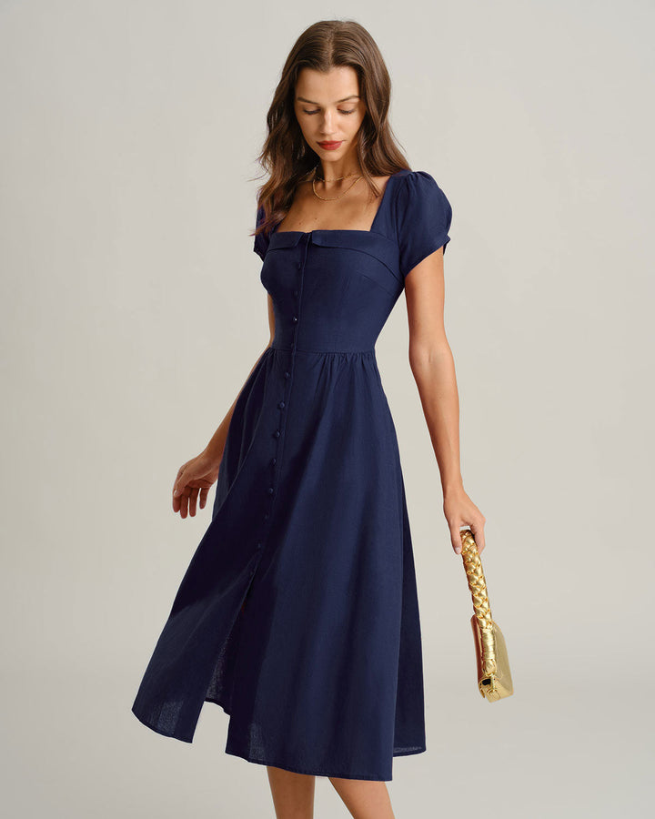 Navy Square Neck Short Sleeves A-Line Midi Dress