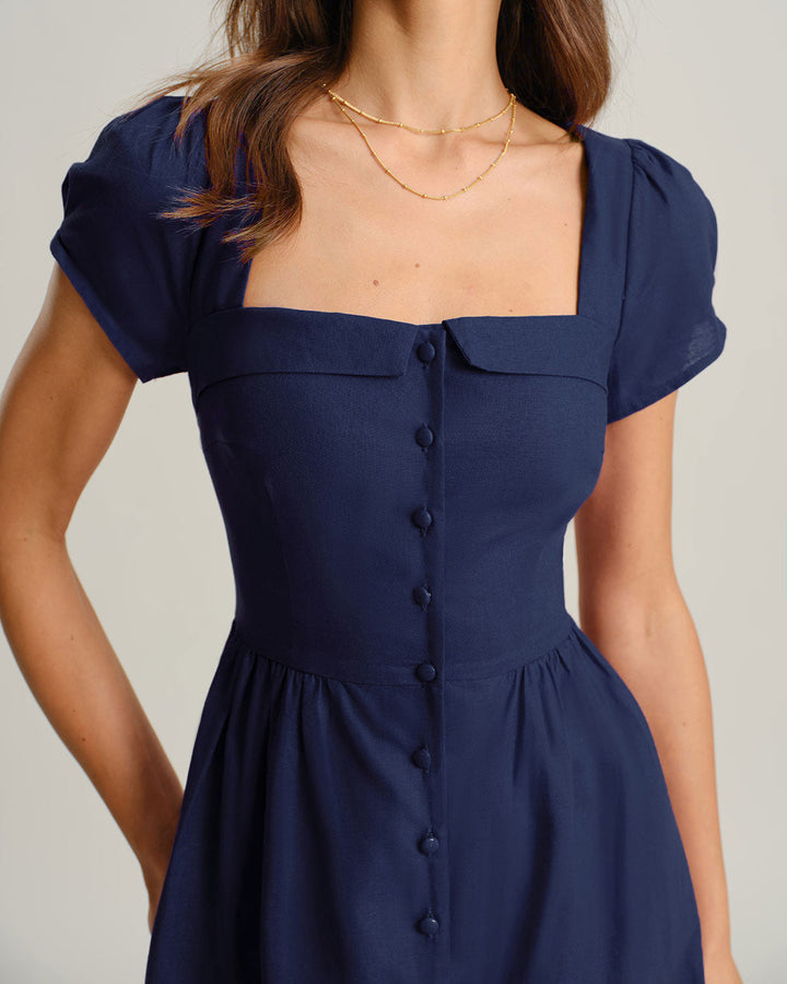 Navy Square Neck Short Sleeves A-Line Midi Dress