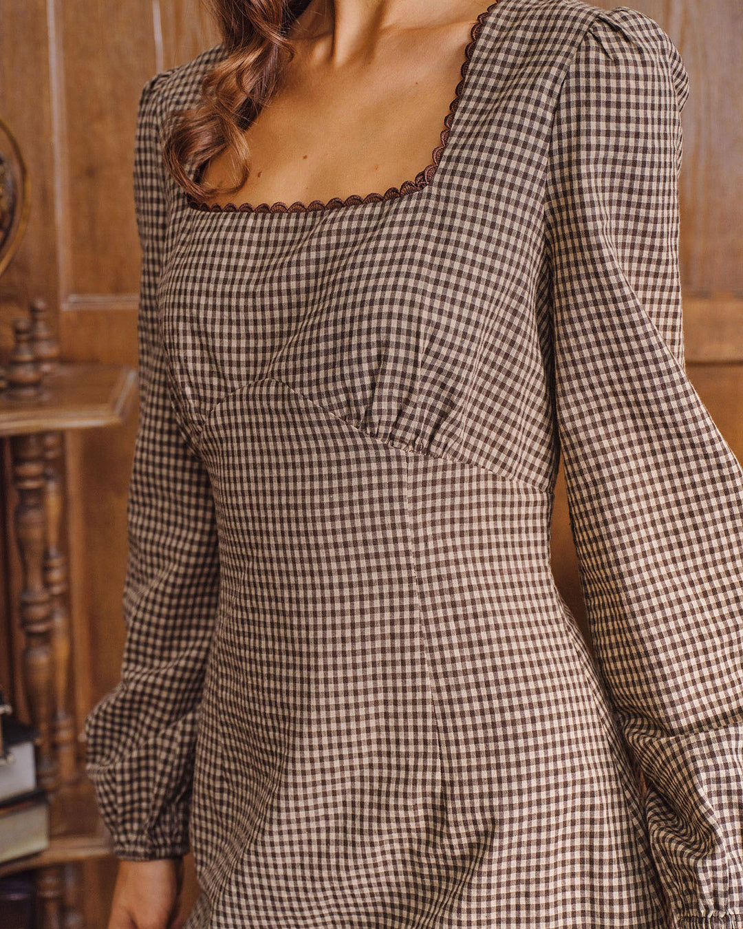 Brown Plaid Square Neck A-line Mini Dress