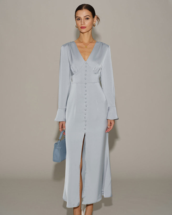 Grey Satin Bell Sleeve Maxi Dress