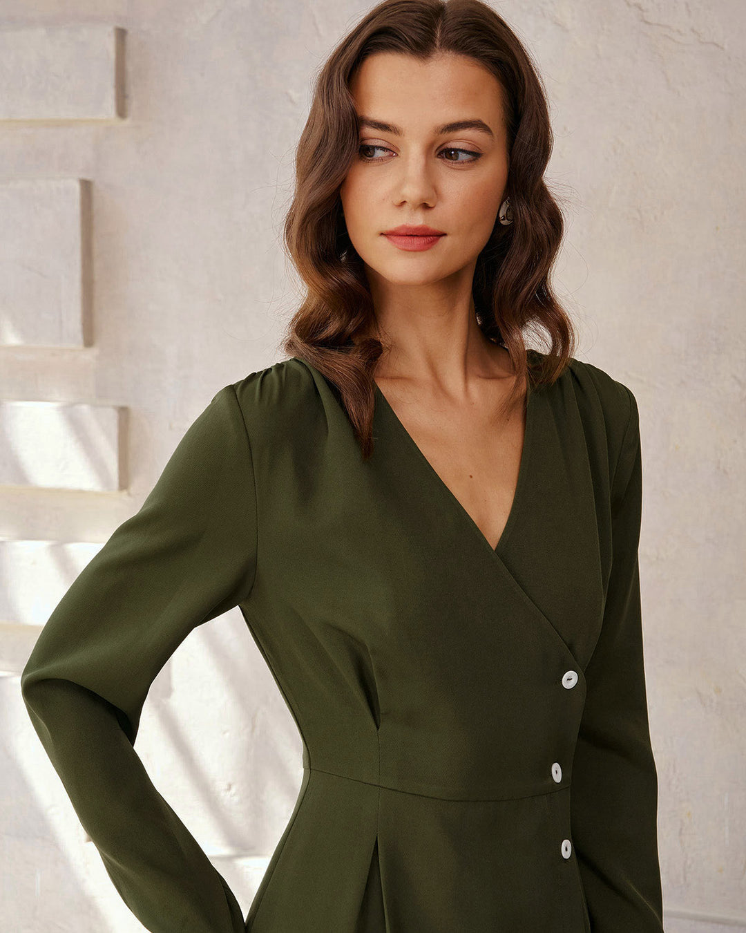 Green Ruched Button A-Line Maxi Dress