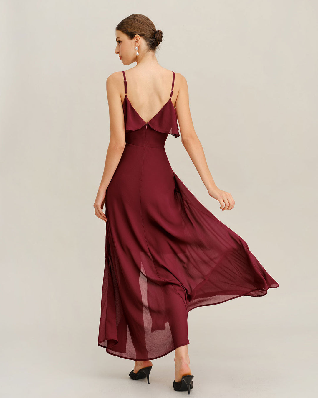 Wine Red Chiffon Ruffle Slip Maxi Dress