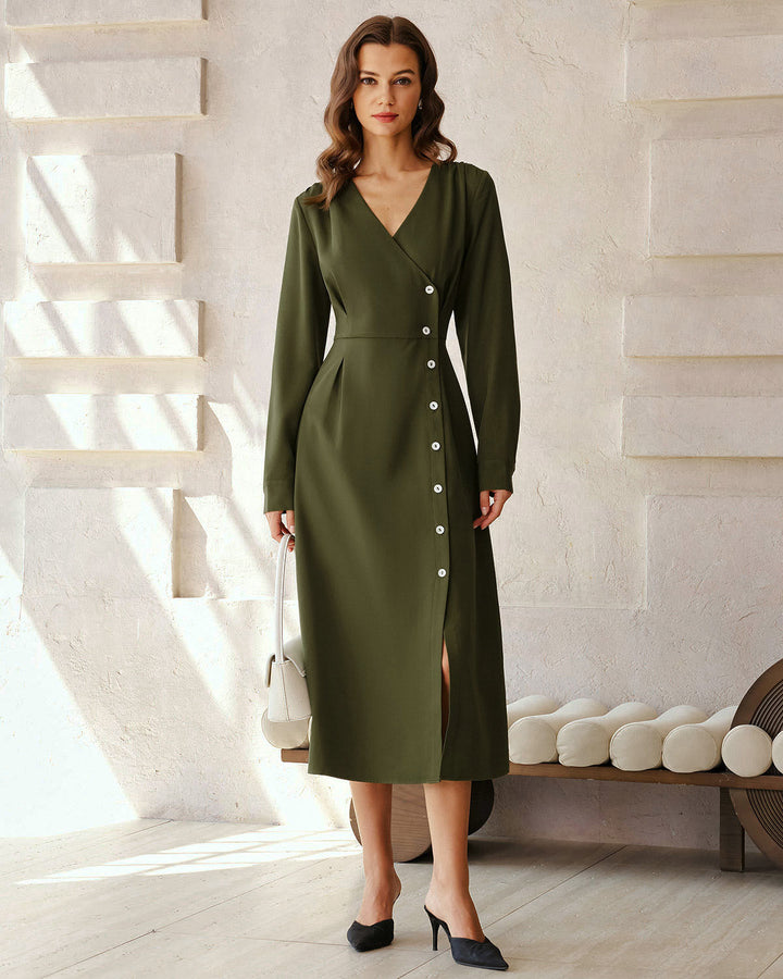 Green Ruched Button A-Line Maxi Dress