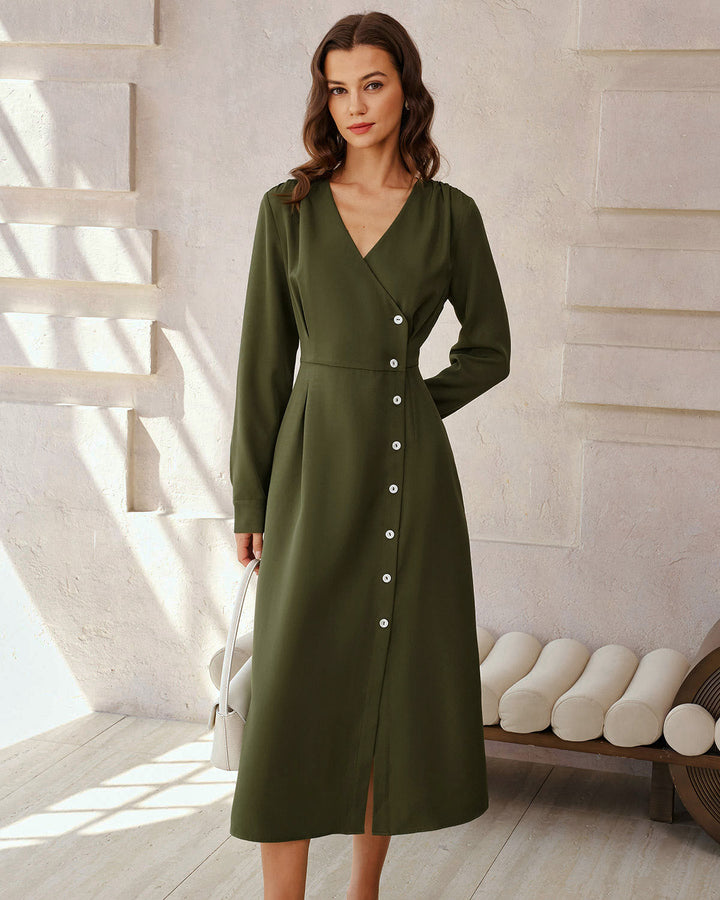 Green Ruched Button A-Line Maxi Dress
