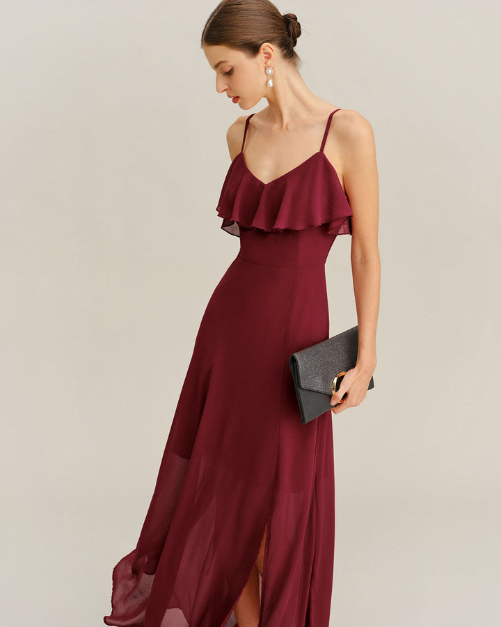 Wine Red Chiffon Ruffle Slip Maxi Dress