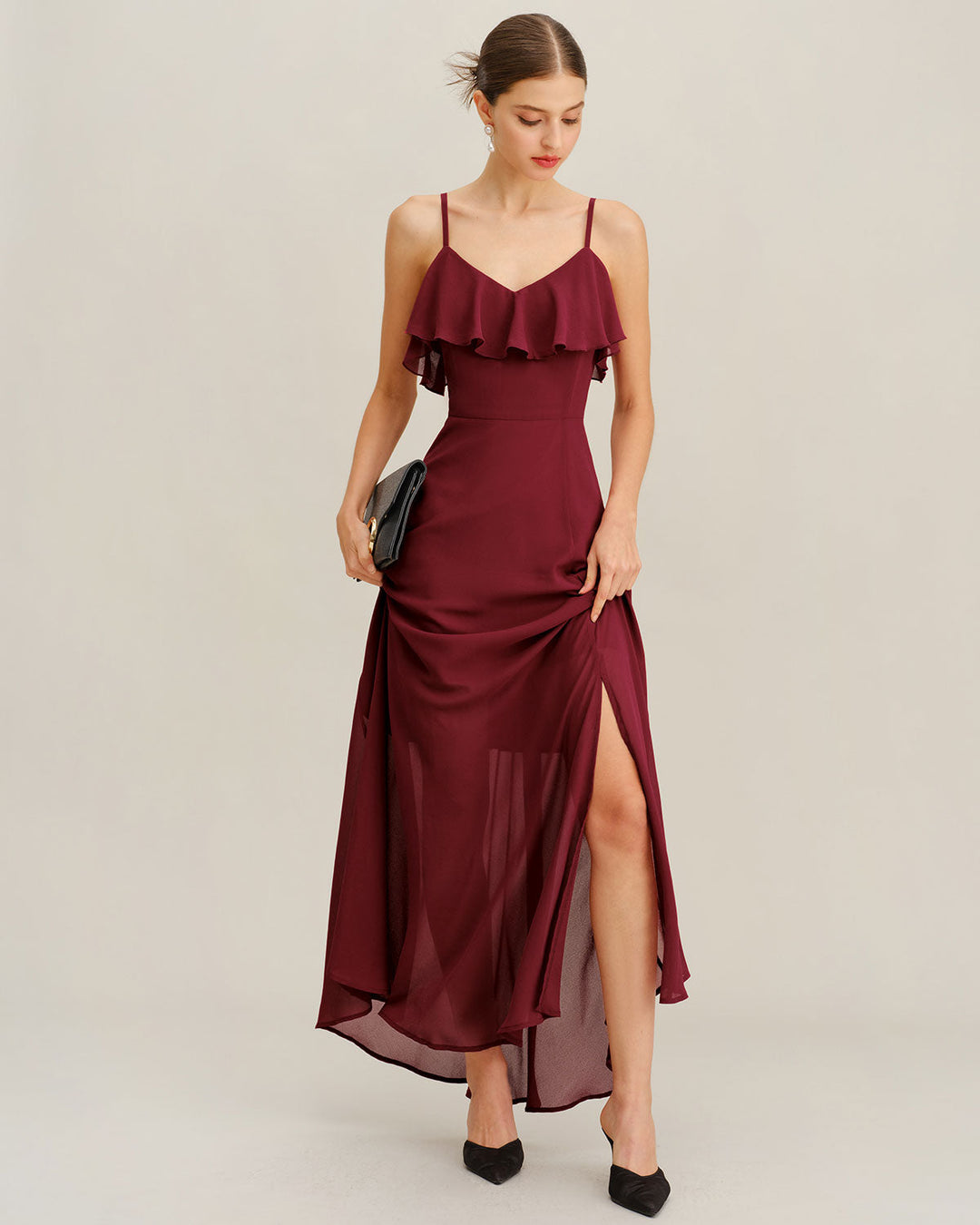 Wine Red Chiffon Ruffle Slip Maxi Dress