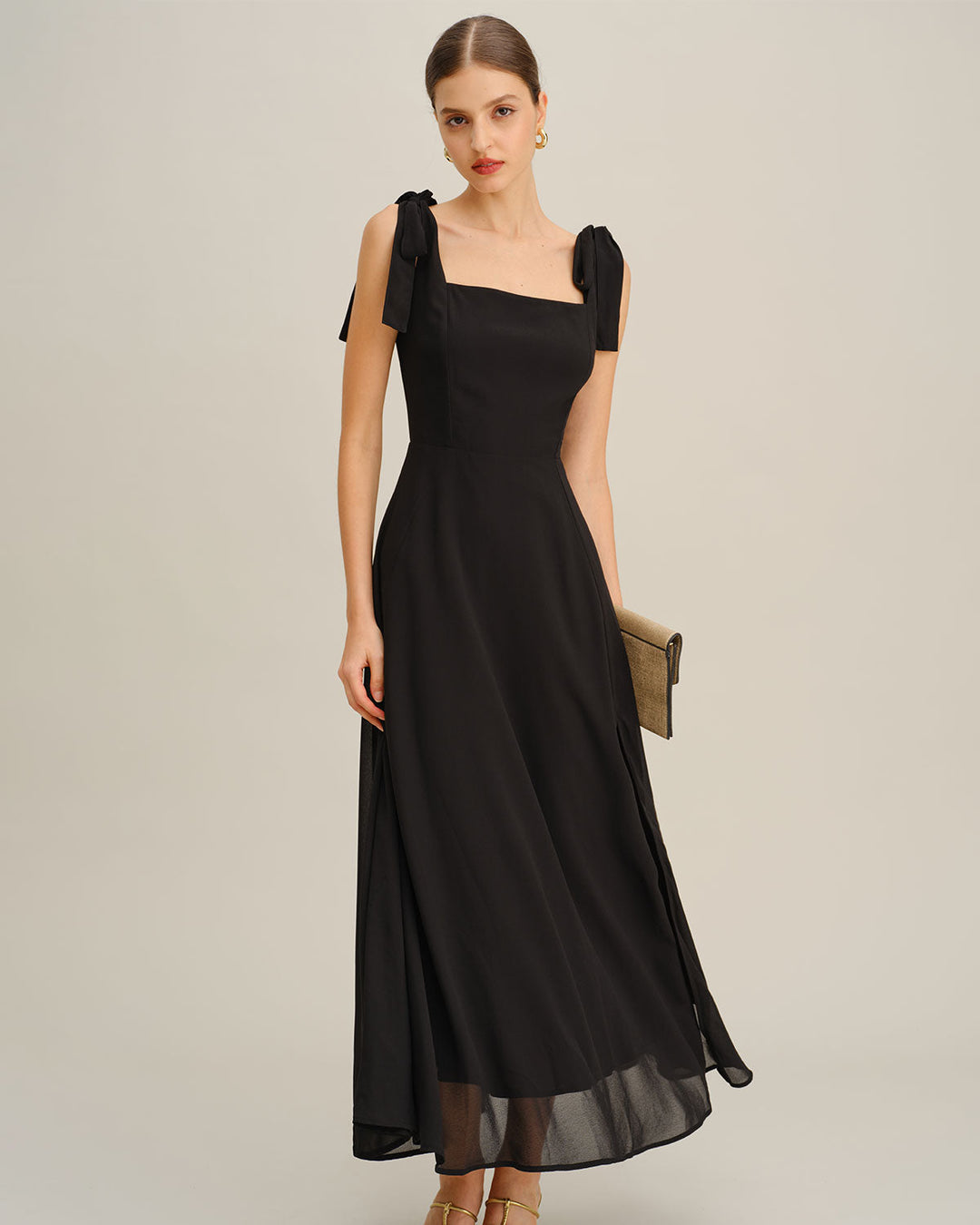 Black Chiffon Tie Strap Maxi Dress