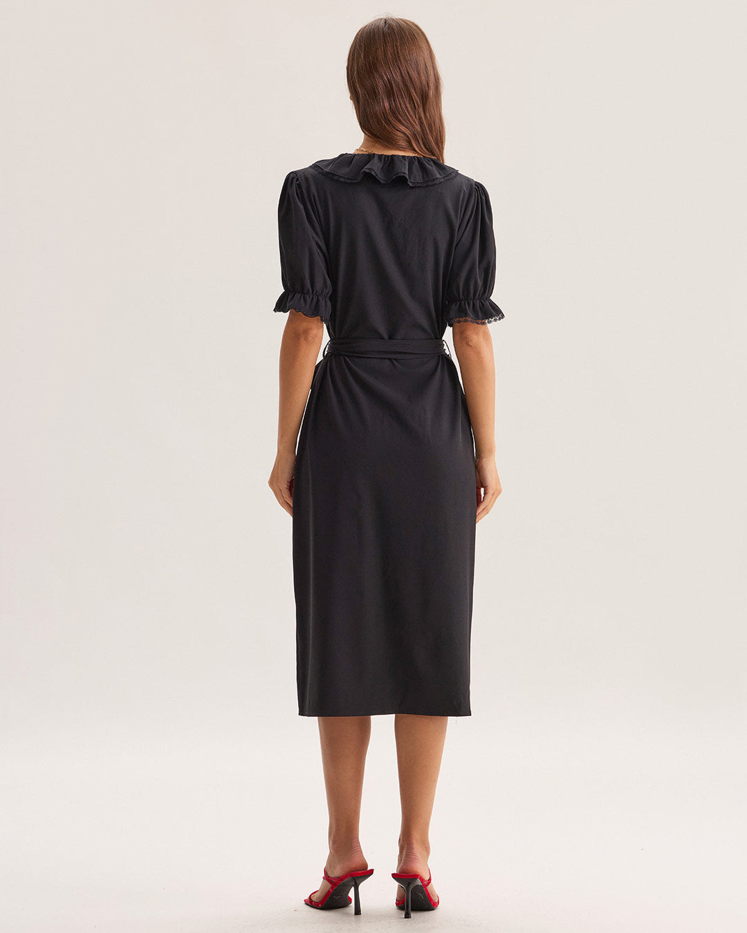 Black Ruffle Belted Maxi Dress