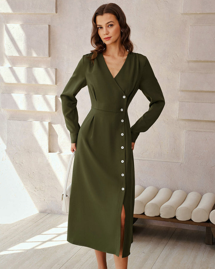 Green Ruched Button A-Line Maxi Dress