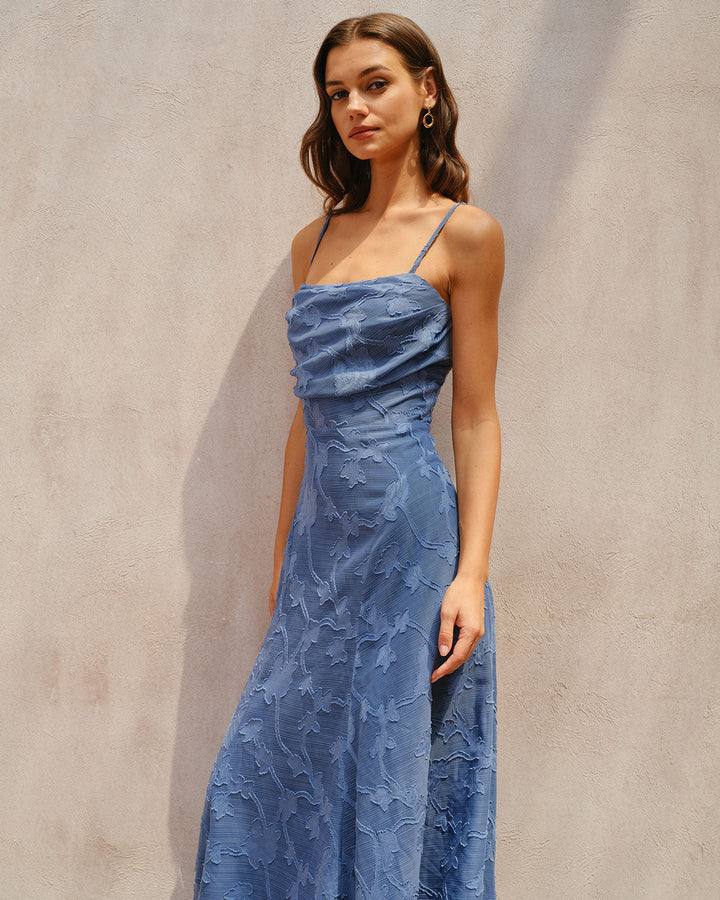 Blue Jacquard Ruched Slip Maxi Dress