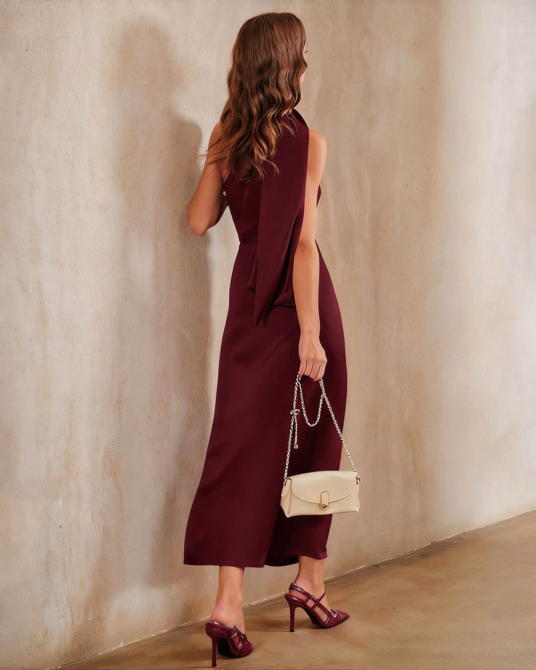 Wine Red Satin One Shoulder Maxi Dress