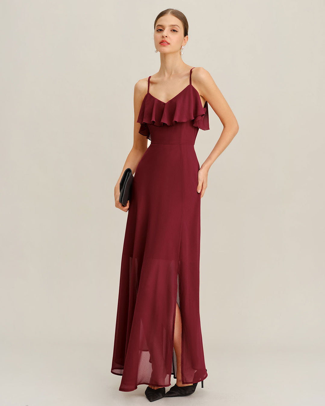 Wine Red Chiffon Ruffle Slip Maxi Dress
