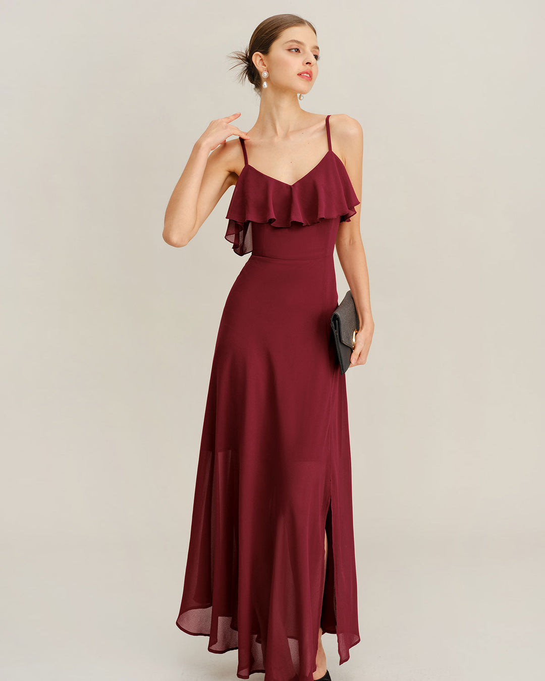 Wine Red Chiffon Ruffle Slip Maxi Dress