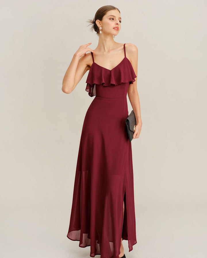 Wine Red Chiffon Ruffle Slip Maxi Dress