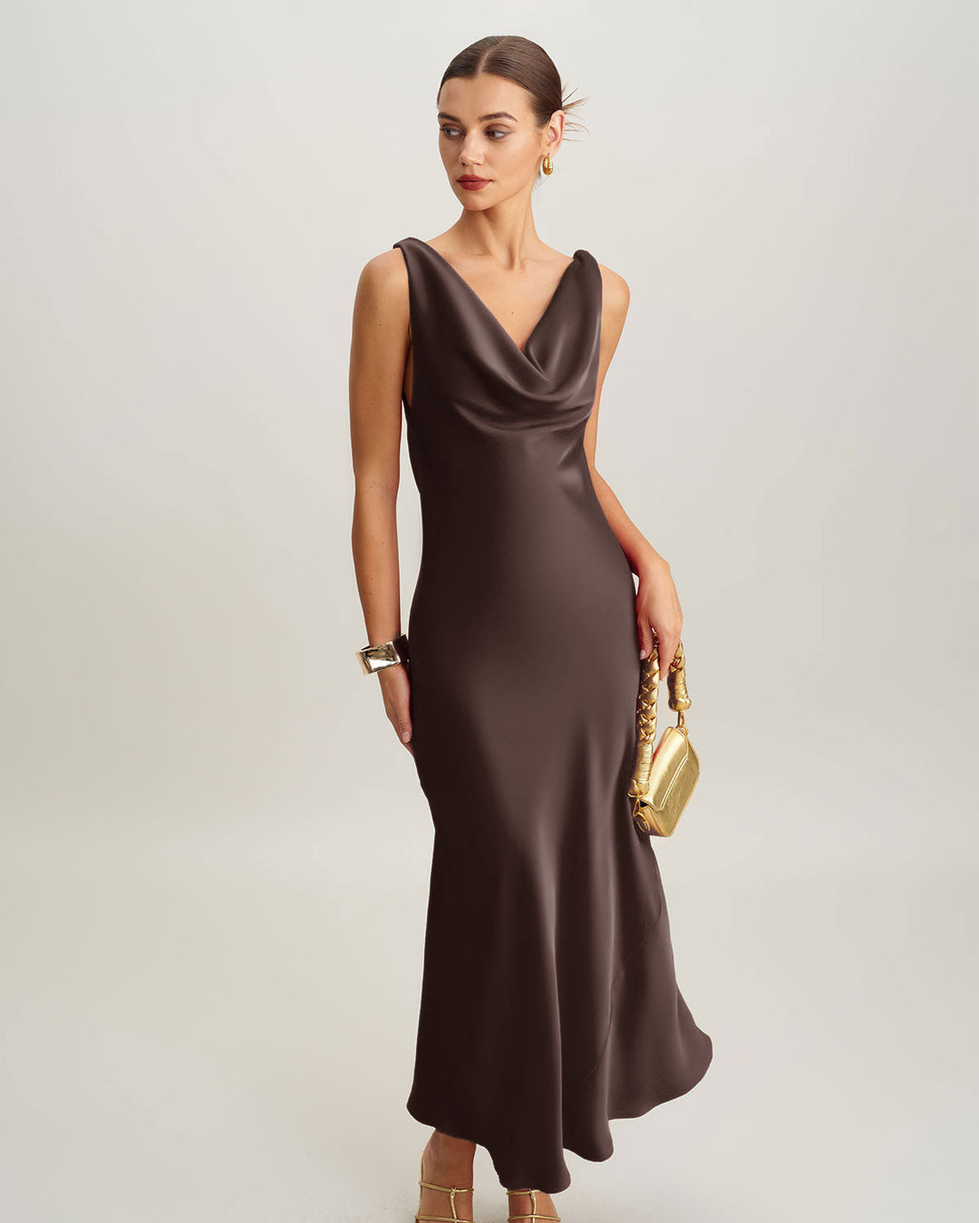 Coffee Satin Cowl Neck Maxi Dress