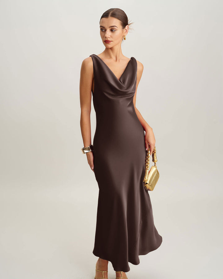 Coffee Satin Cowl Neck Maxi Dress