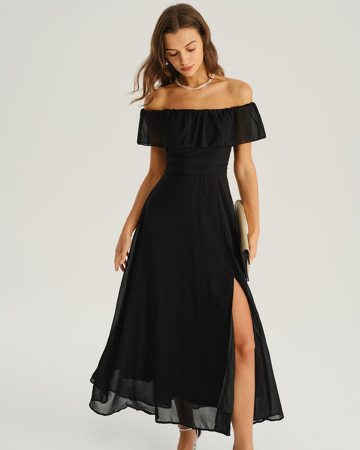 Black Off The Shoulder A-Line Maxi Dress