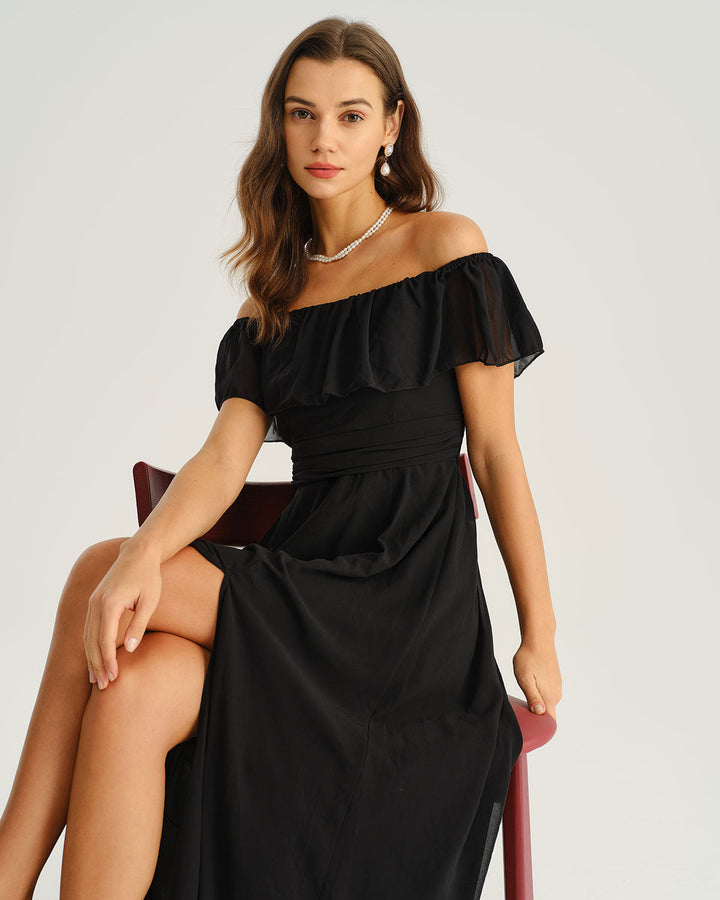 Black Off The Shoulder A-Line Maxi Dress