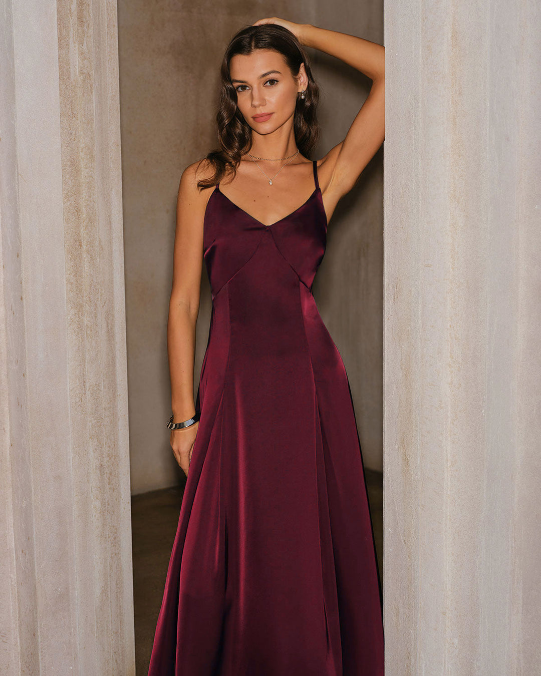 Wine Red Satin A-Line Slip Maxi Dress