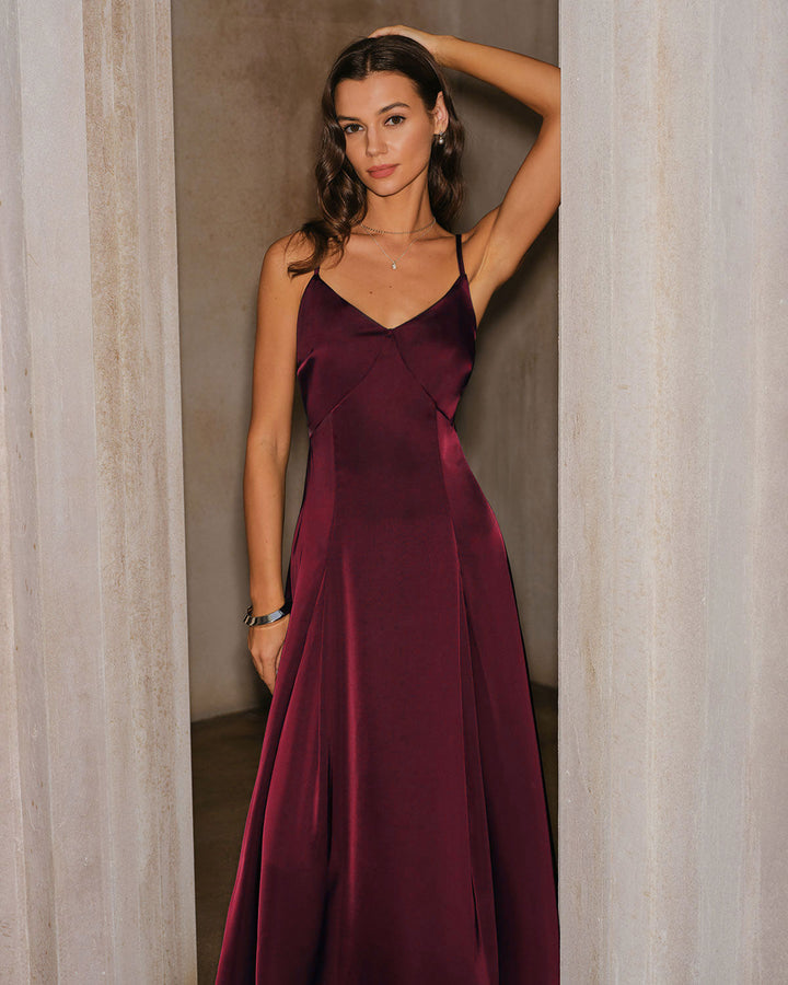 Wine Red Satin A-Line Slip Maxi Dress