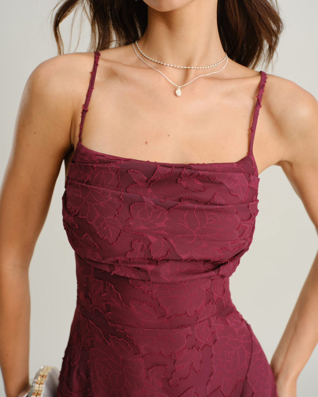 Wine Red Jacquard Slip Maxi Dress