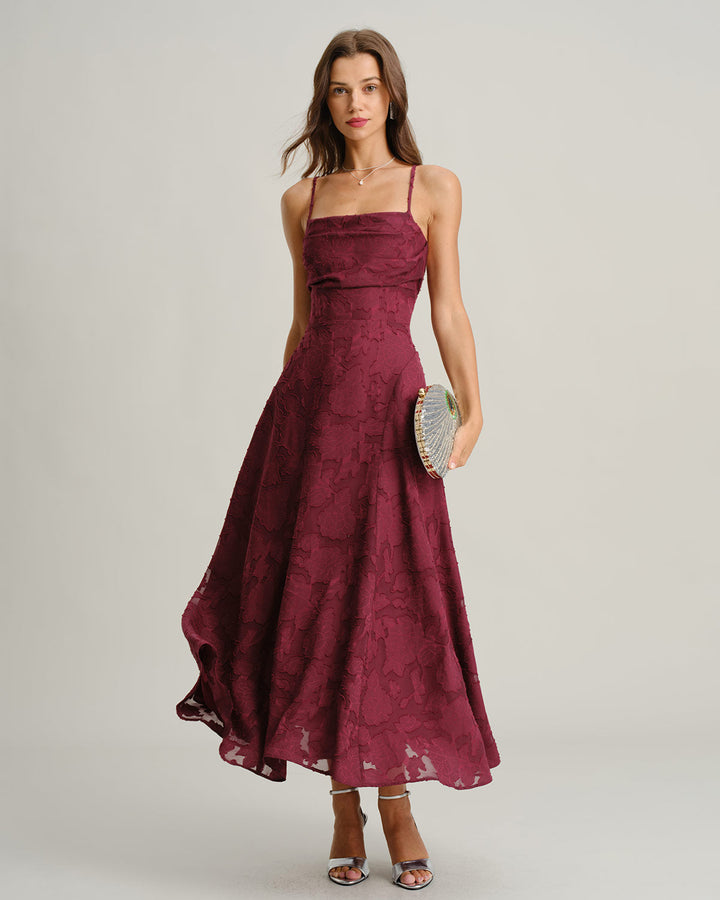 Wine Red Jacquard Slip Maxi Dress