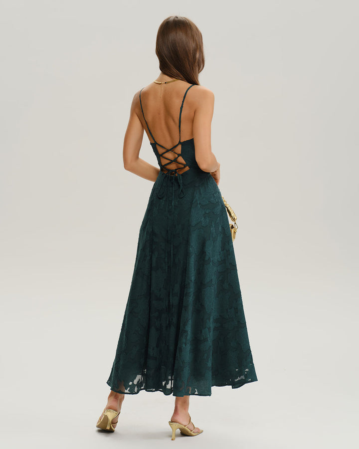 Green Jacquard A-Line Slip Maxi Dress
