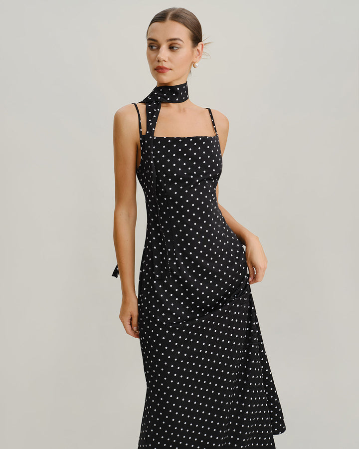 Black Polka Dot Cowl Neck Slip Maxi Dress