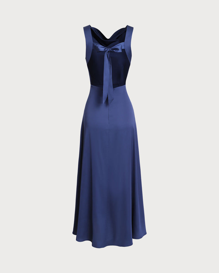 Navy Cowl Neck Satin Sleeveless Maxi Dress