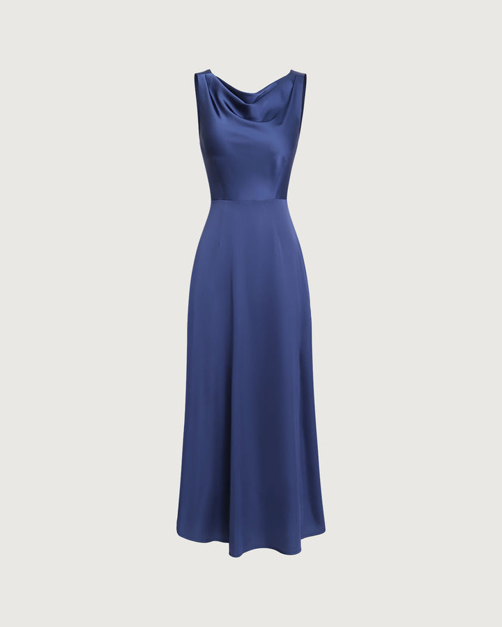 Navy Cowl Neck Satin Sleeveless Maxi Dress