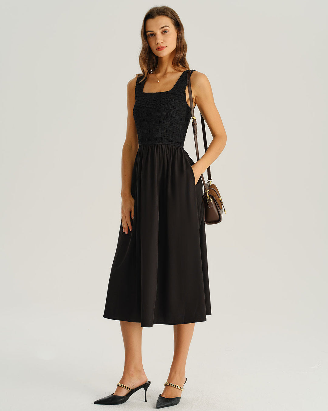 Black Shirred Sleeveless Midi Dress