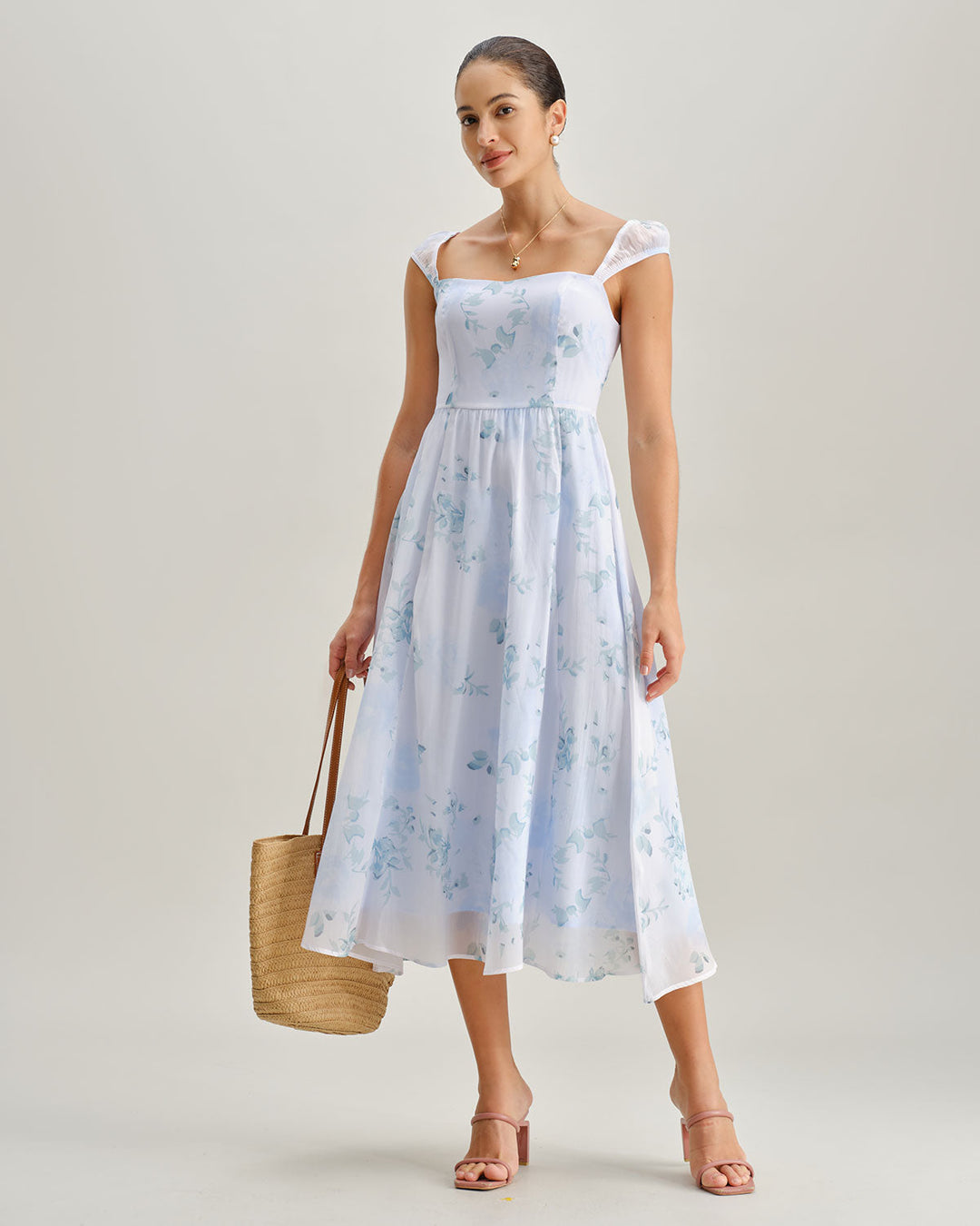 Blue Floral Sweetheart Neck Slip Midi Dress