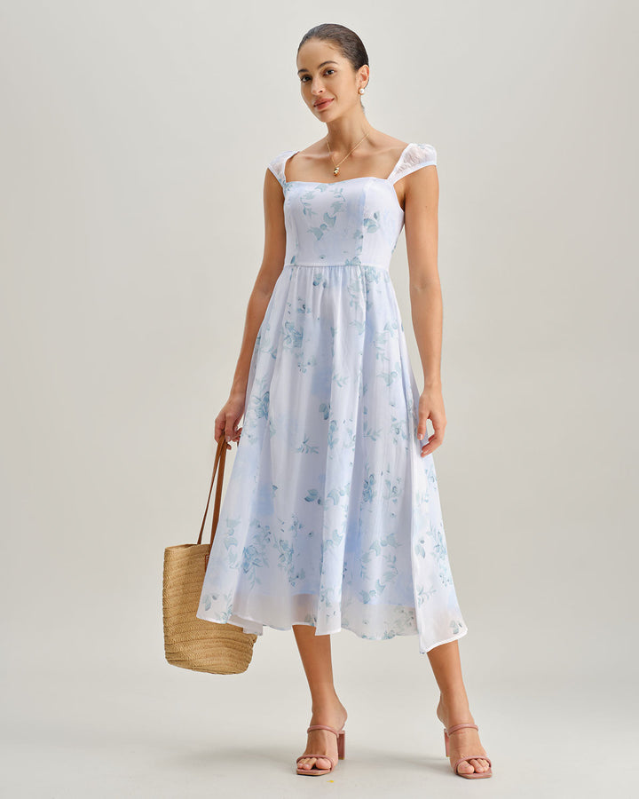 Blue Floral Sweetheart Neck Slip Midi Dress