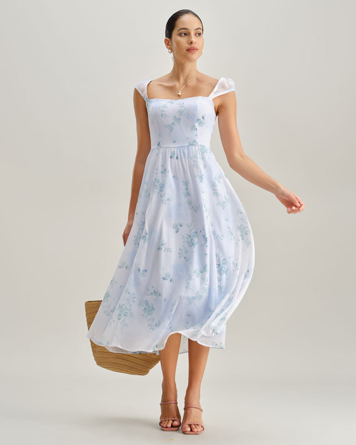 Blue Floral Sweetheart Neck Slip Midi Dress