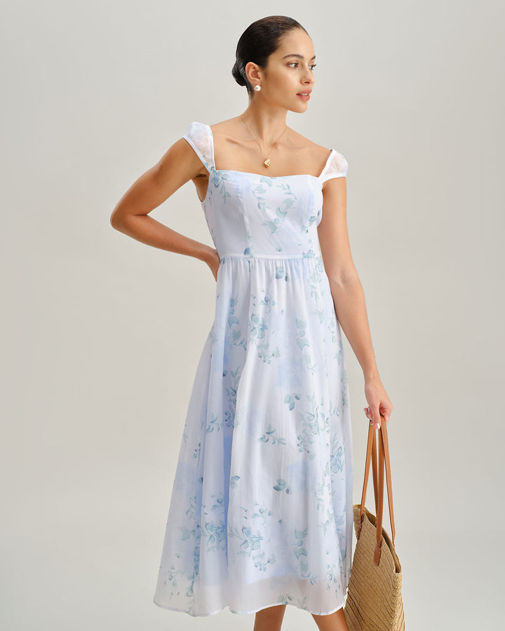 Blue Floral Sweetheart Neck Slip Midi Dress