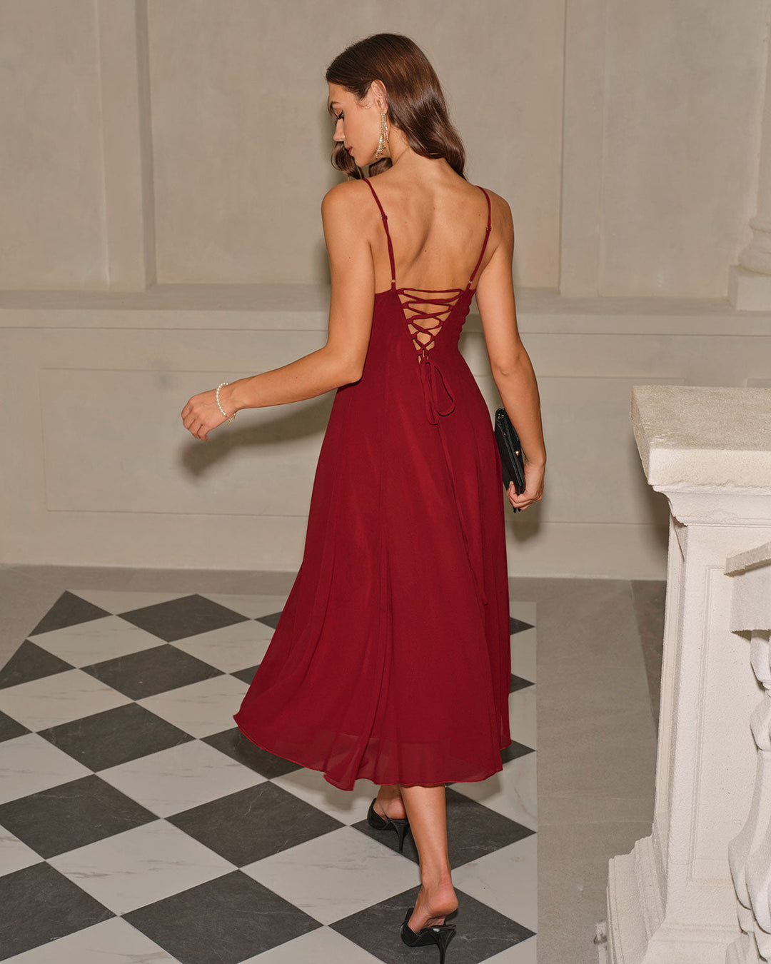 Red A-Line Corset Slip Midi Dress
