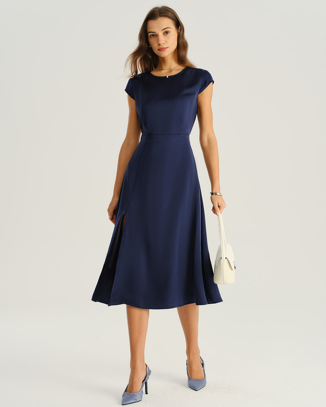 Navy Satin Cut Out Slit Midi Dress