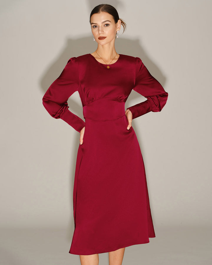 Wine Red Satin A-Line Midi Dress