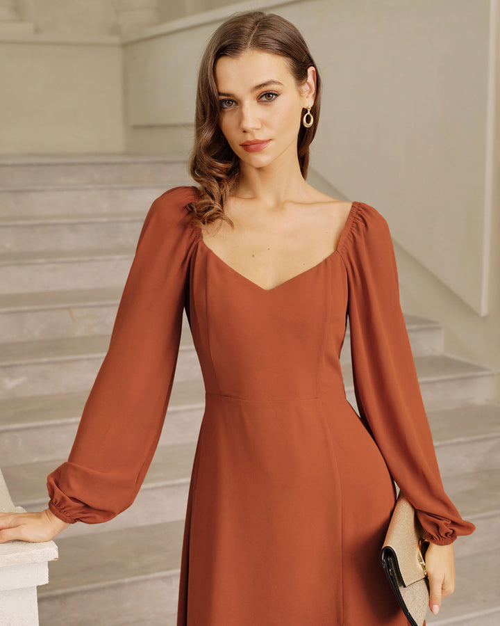 Red Puffed Sleeve Slit Midi Dress