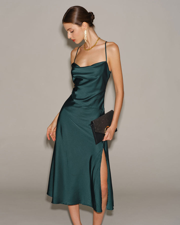 Green Satin Cowl Neck Slip Midi Dress