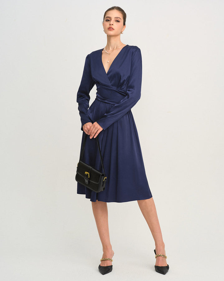 Blue V Neck Pleated Midi Dress