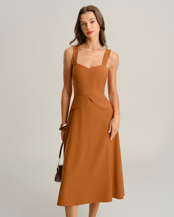 Caramel Sweetheart Neck Slip Midi Dress