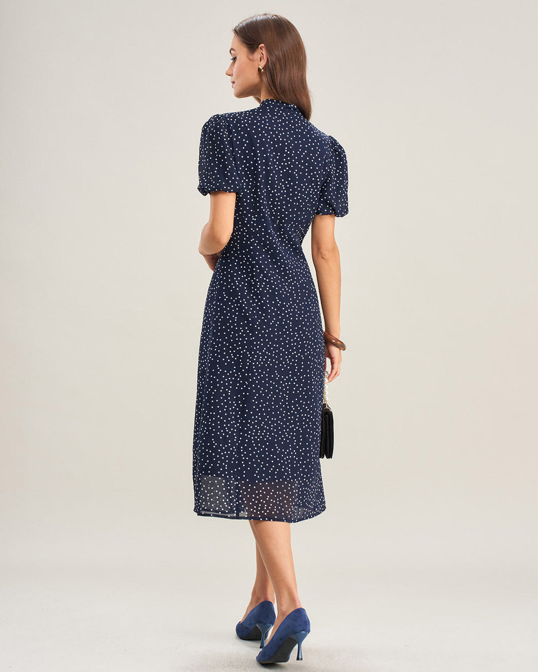 Navy Polka Dot Mock Neck Midi Dress
