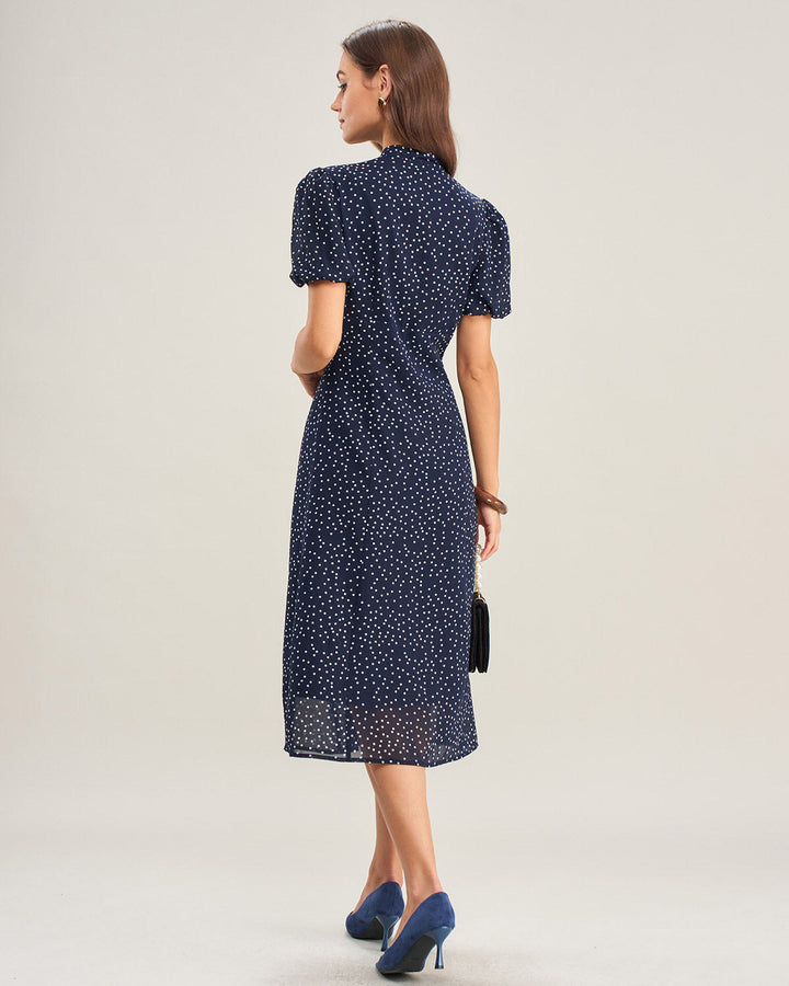 Navy Polka Dot Mock Neck Midi Dress