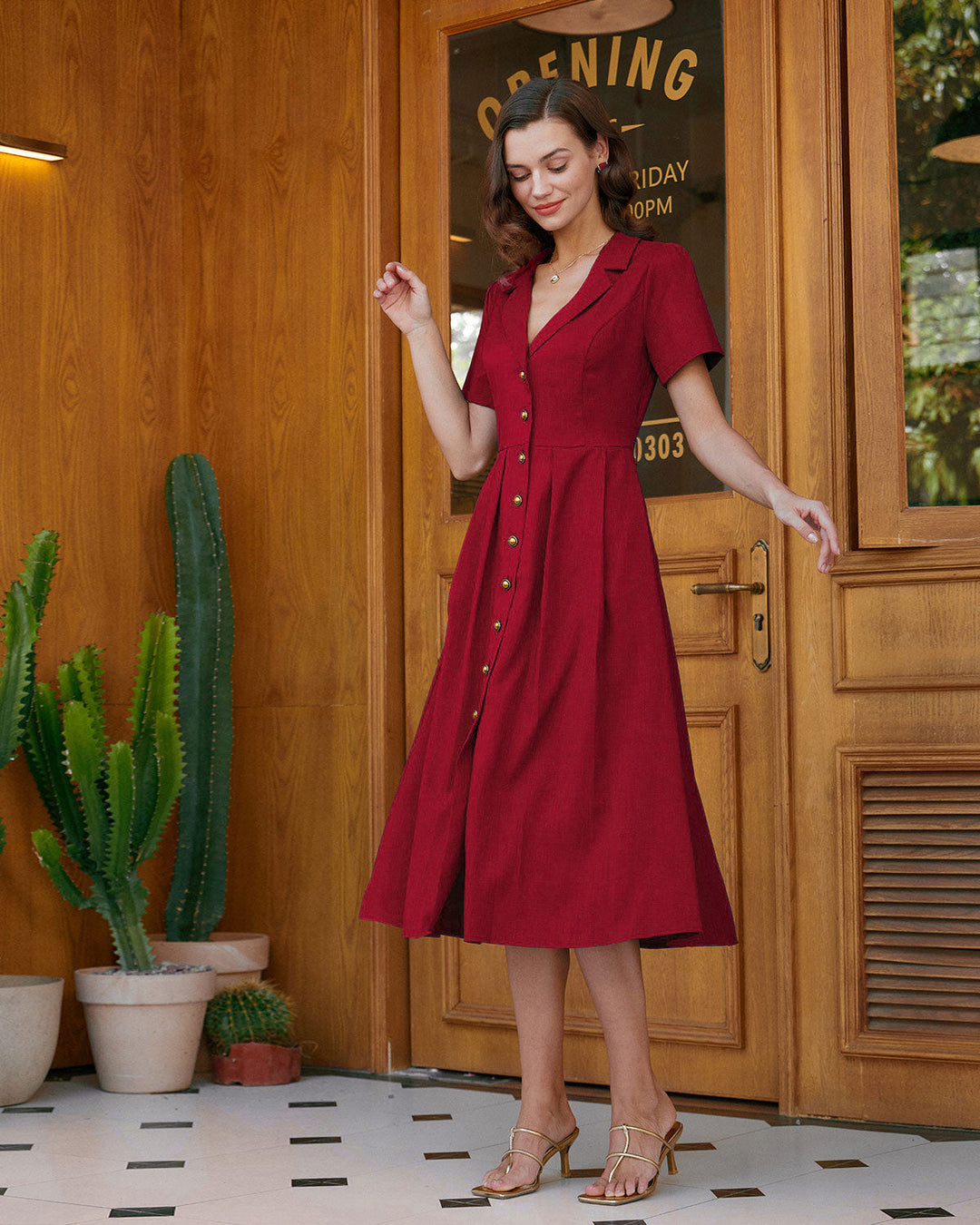 Red A-Line Pleated Button Midi Dress