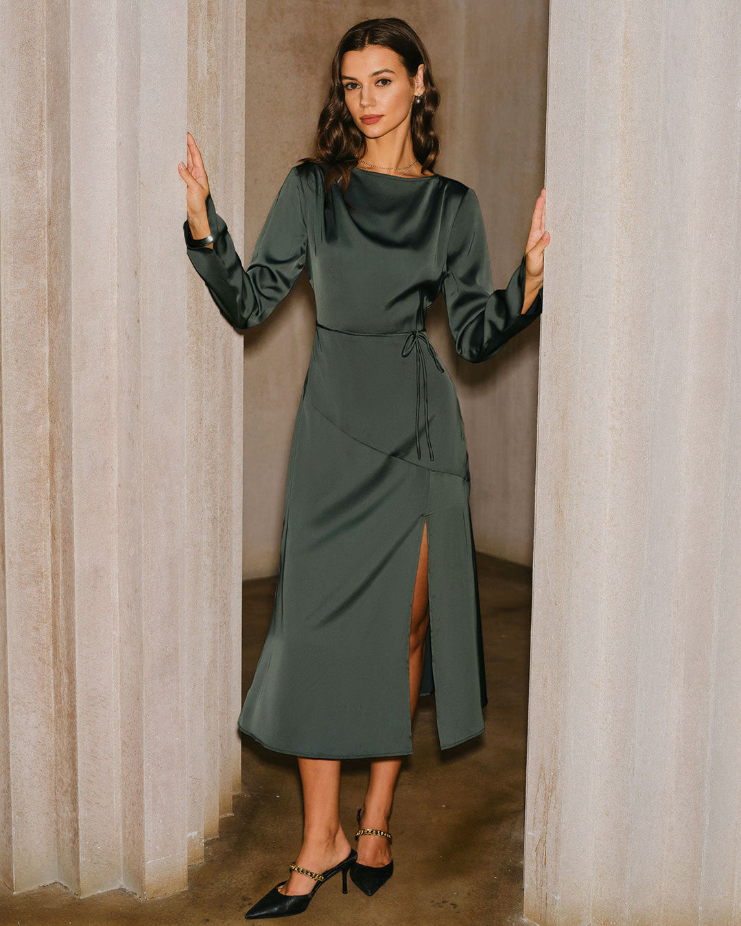 Green Satin Cowl Neck Slit Midi Dress