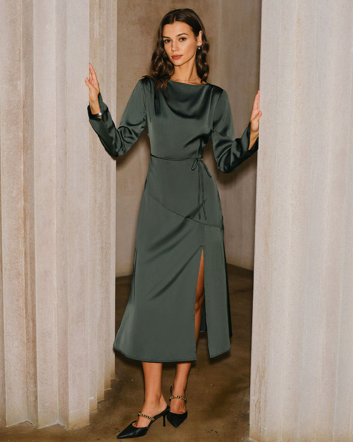 Green Satin Cowl Neck Slit Midi Dress