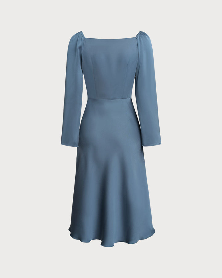 Blue Cowl Neck A-Line Midi Dress